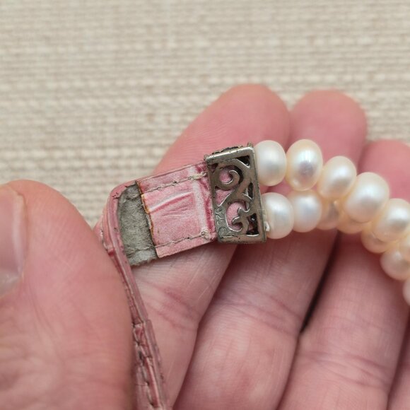 8 Inch Sterling Silver And Leather Genuine Pearls Bracelet B608 - Picture 4 of 6
